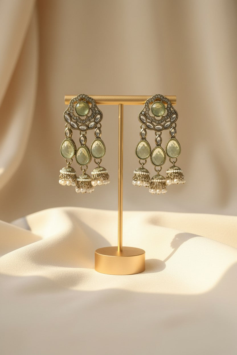 Kundan Mint Green Jhumka Drop Earrings