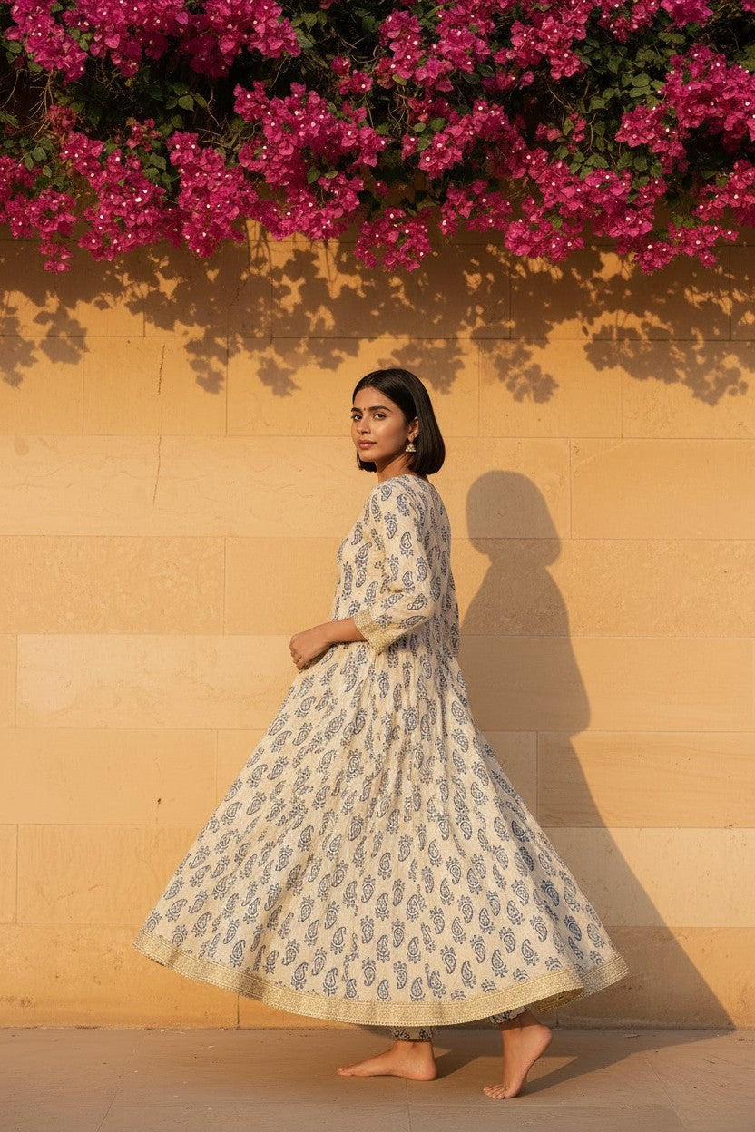 Ivory Sanganer Paisley Anarkali Maxi Dress