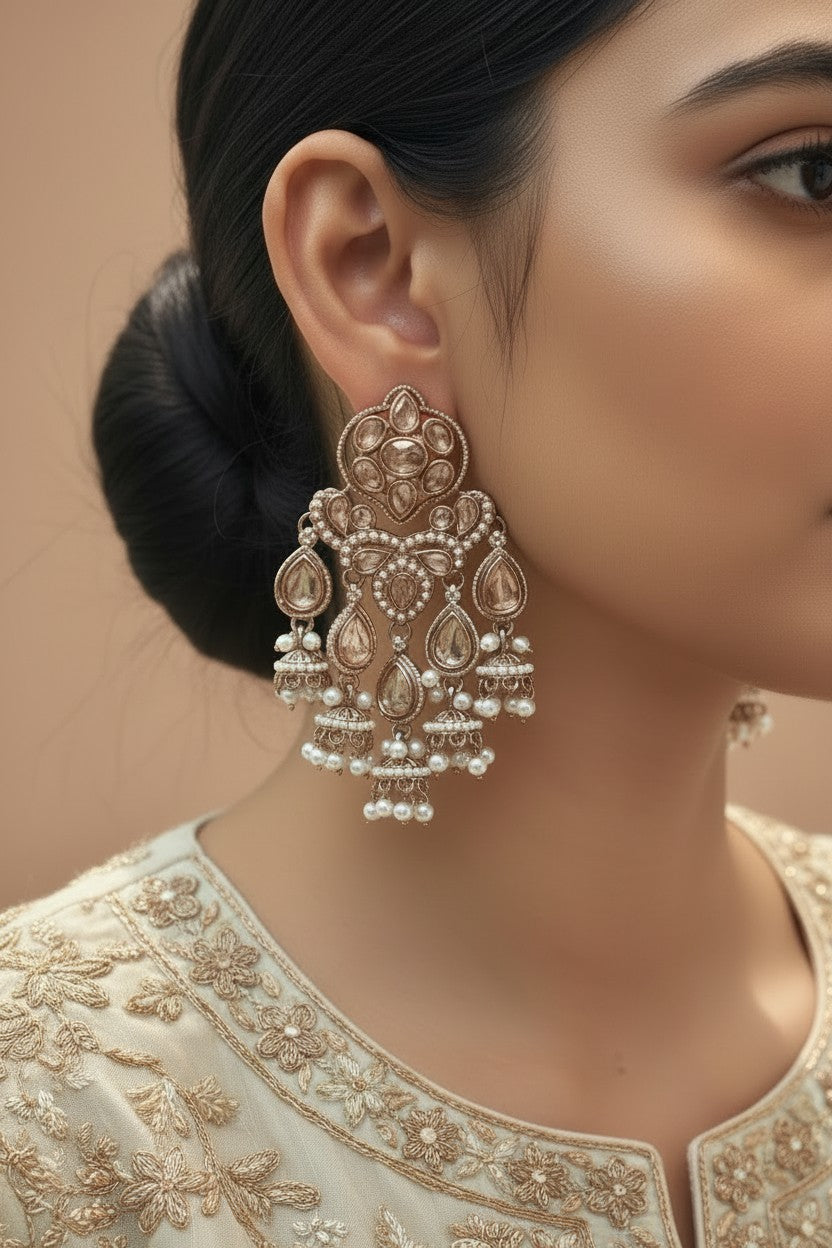 Kundan Chandelier Earrings with Pearl Jhumka Drops