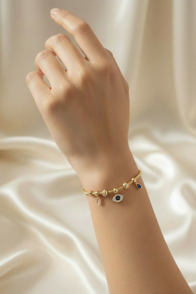 Evil Eye Charm Gold Bangle Bracelet