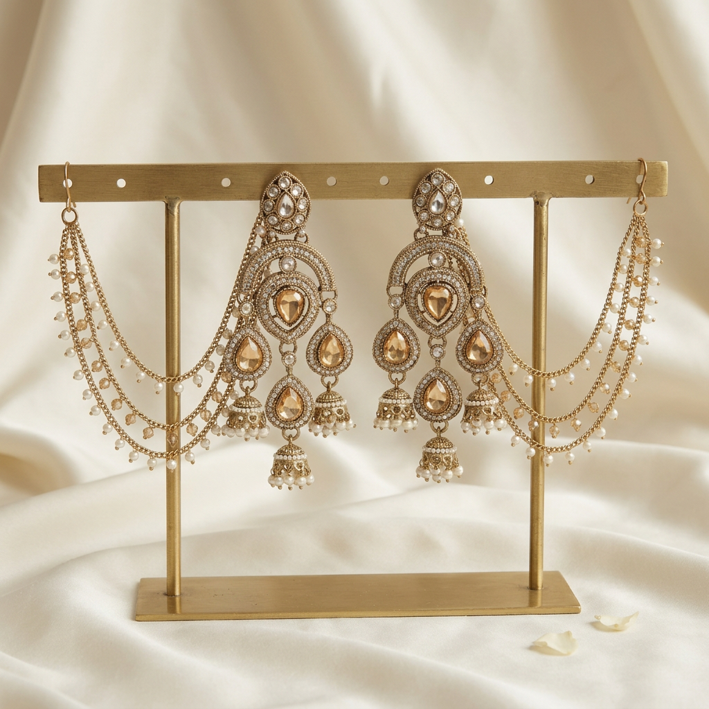 Amber-Toned Teardrop Earrings with Pearl Earchains