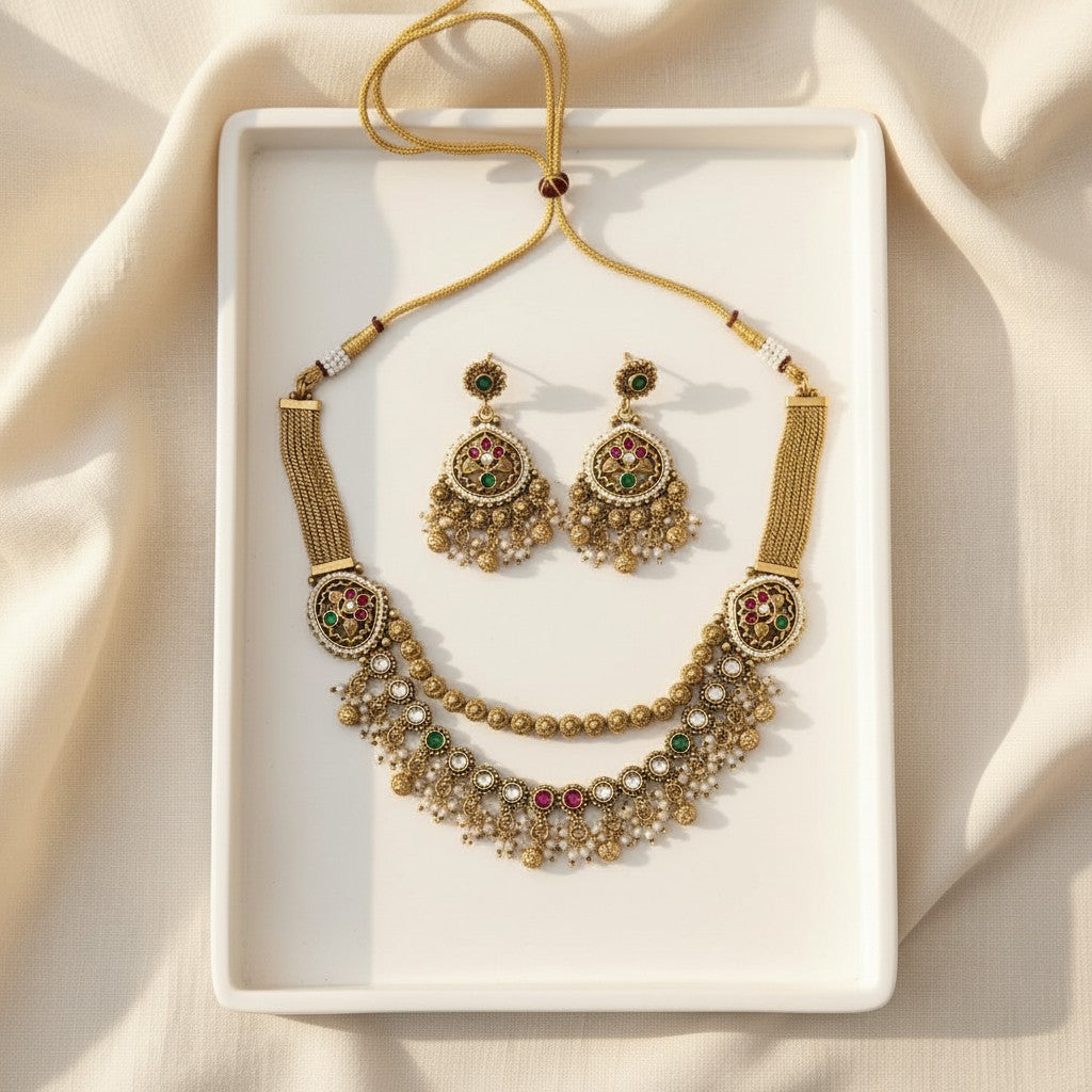 Antique Gold Navratna Double Layered Necklace Set