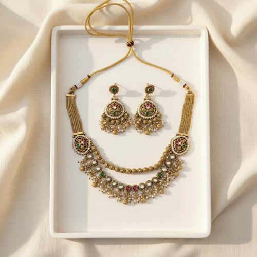 Antique Gold Navratna Double Layered Necklace Set