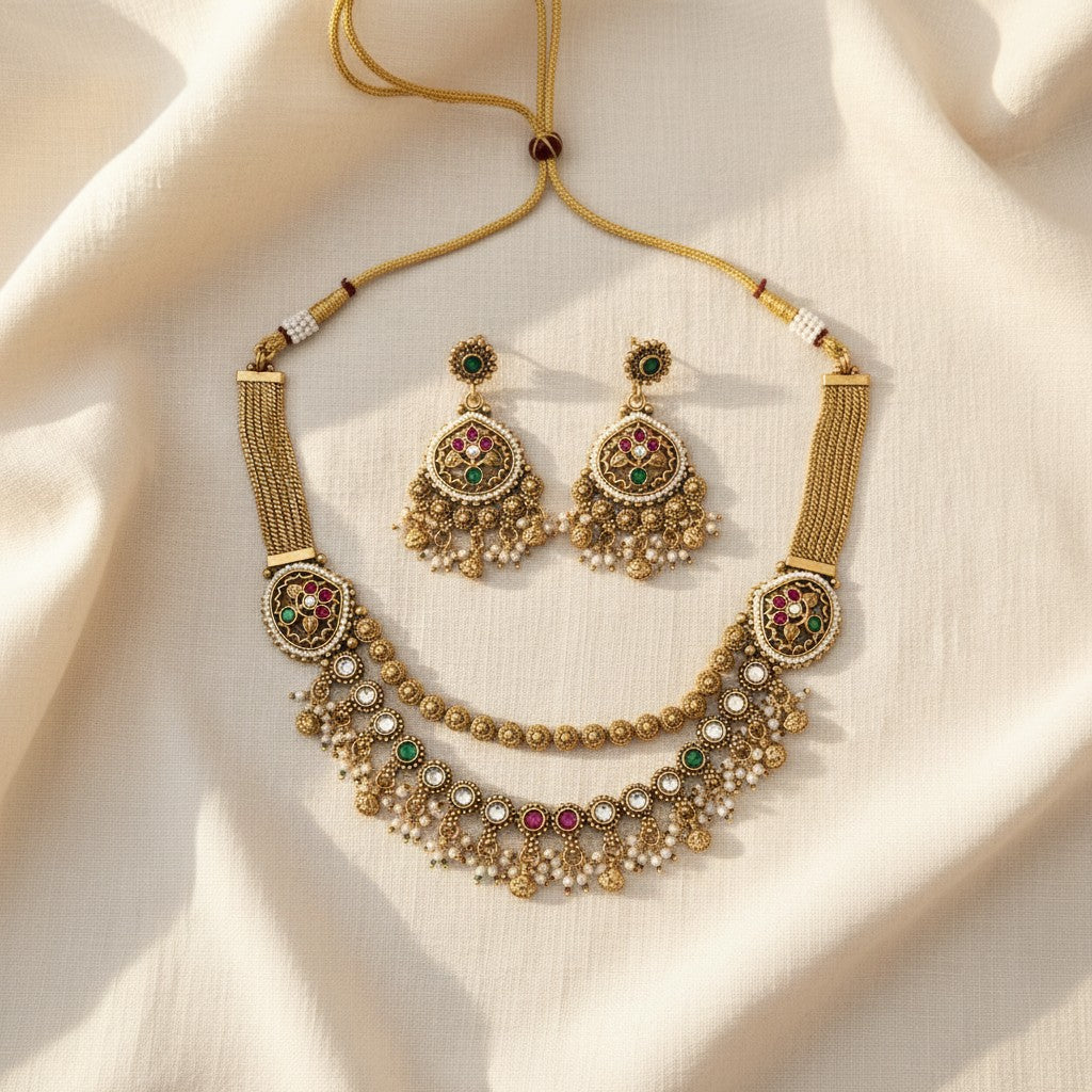 Antique Gold Navratna Double Layered Necklace Set