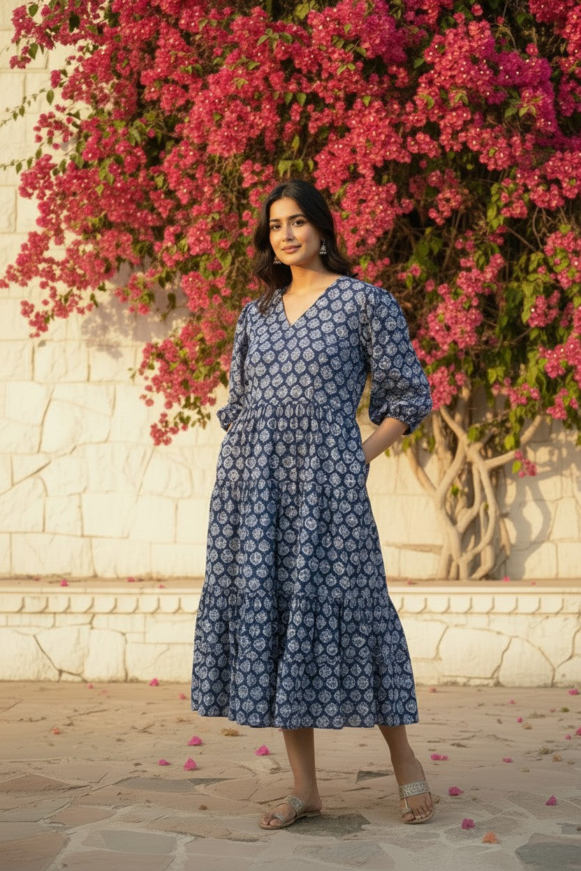 Indigo Bloom Hand Block-Print Tiered Maxi Dress