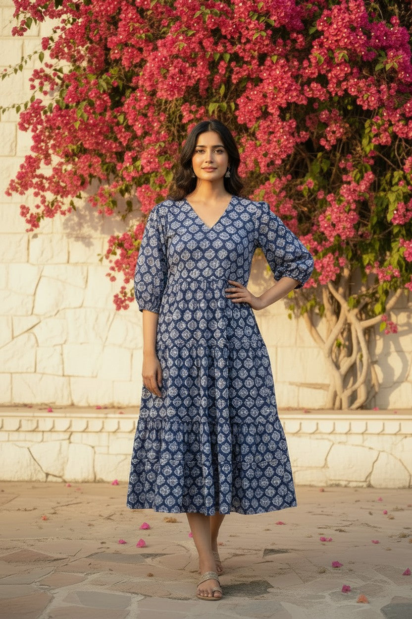 Indigo Bloom Hand Block-Print Tiered Maxi Dress
