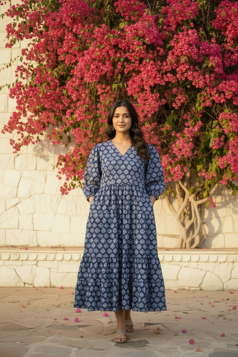 Indigo Bloom Hand Block-Print Tiered Maxi Dress
