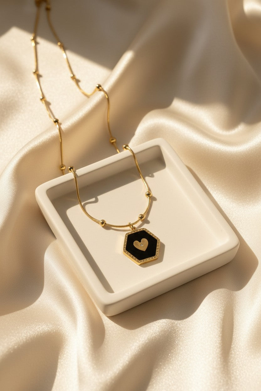 Golden Heart Hexagon Pendant Necklace
