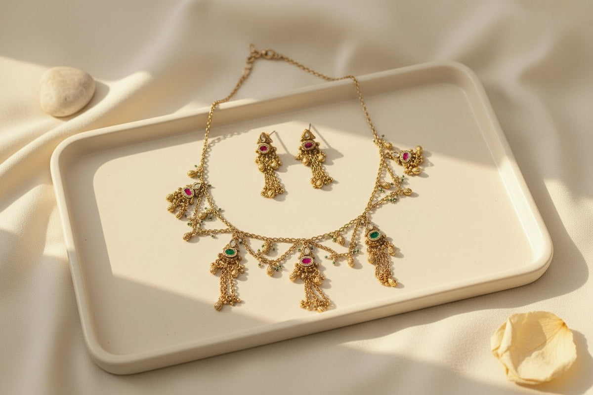Antique Gold Multicolour Jhumka Charm Necklace Set
