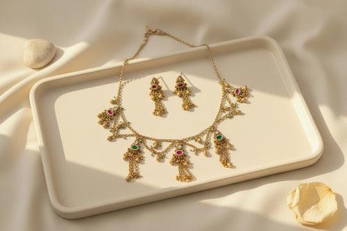 Antique Gold Multicolour Jhumka Charm Necklace Set