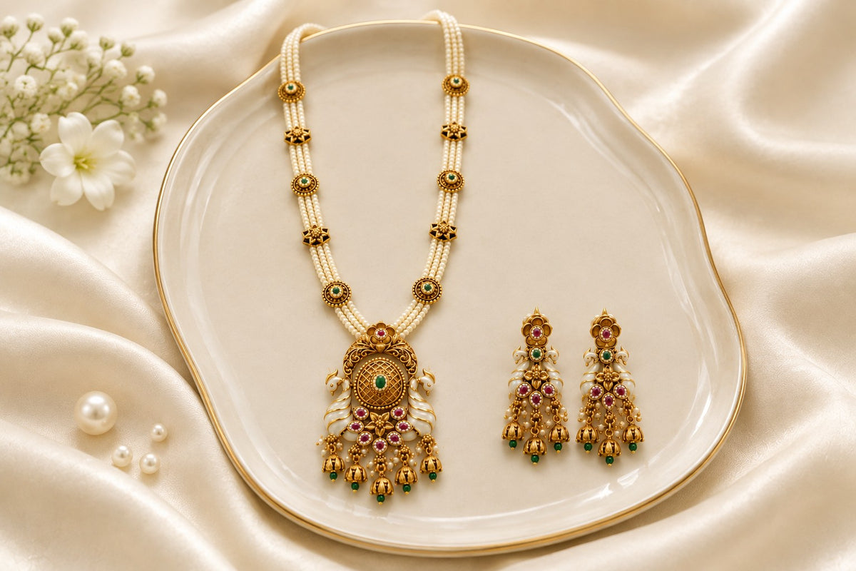 Royal Pearl Beaded Gold Necklace Set