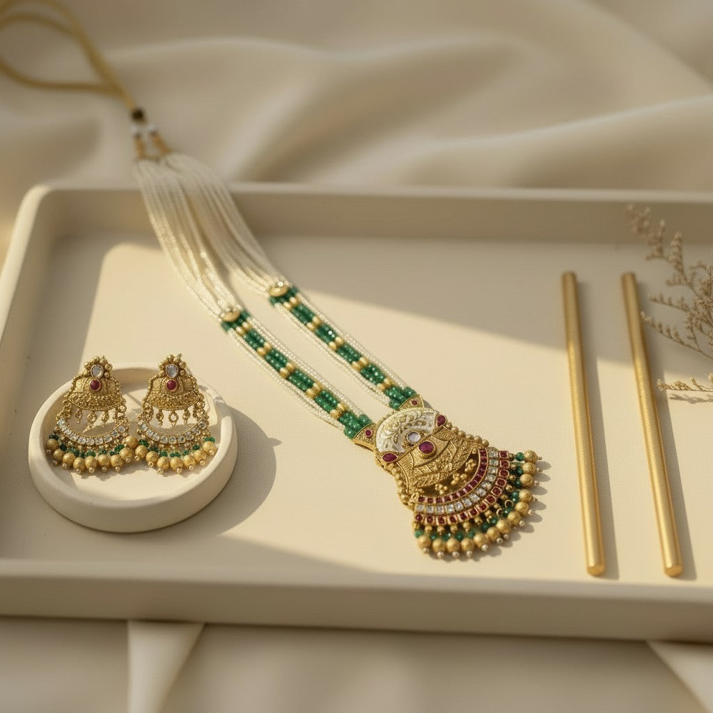 Emerald Noor Kundan Polki Necklace Set