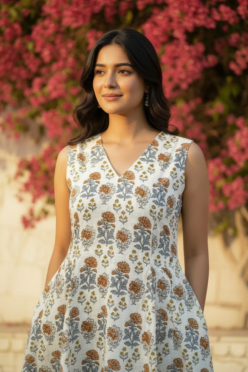 Ivory Marigold Block Print Maxi Dress
