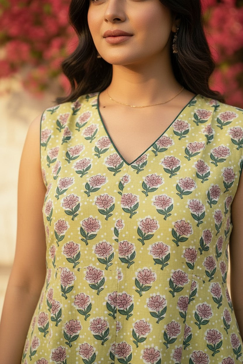 Sage Garden Block-Print Midi Dress