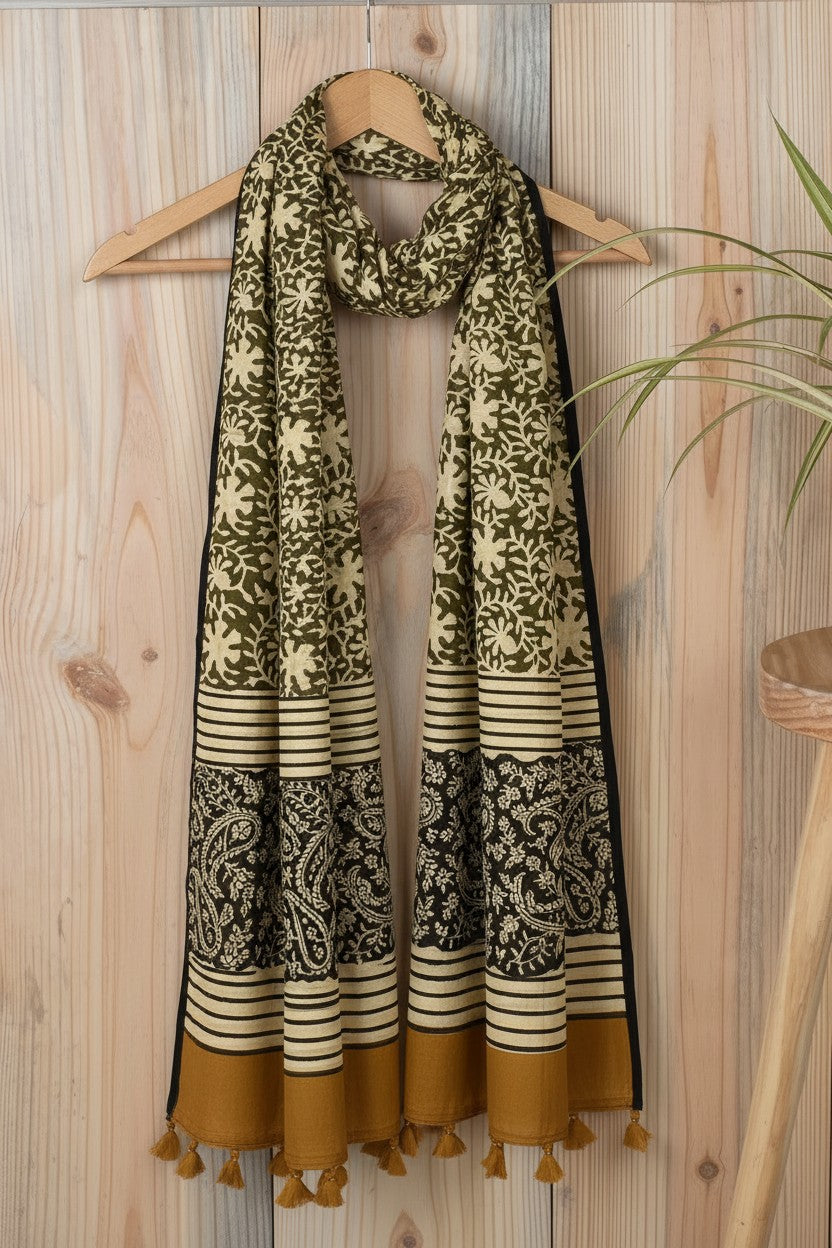 Olive & Cream Floral Jaal Block Print Stole