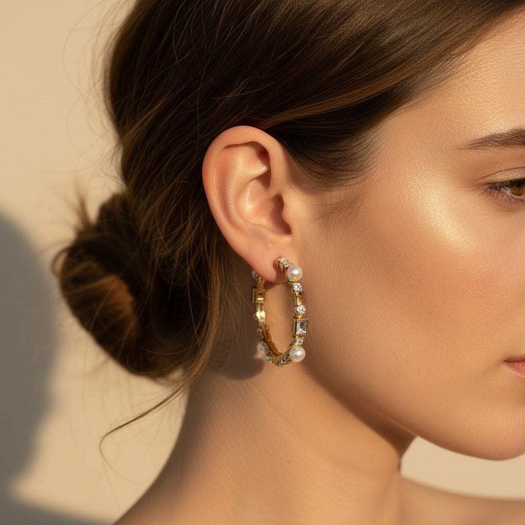 Moti Crystal Pearl Hoop Earrings
