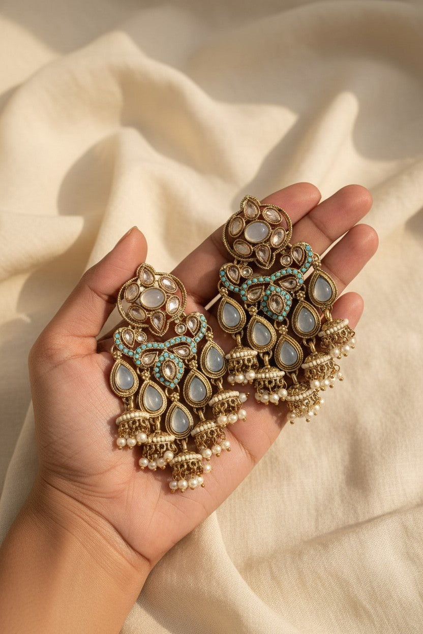 Turquoise Polki Meenakari Chandelier Jhumka Earrings