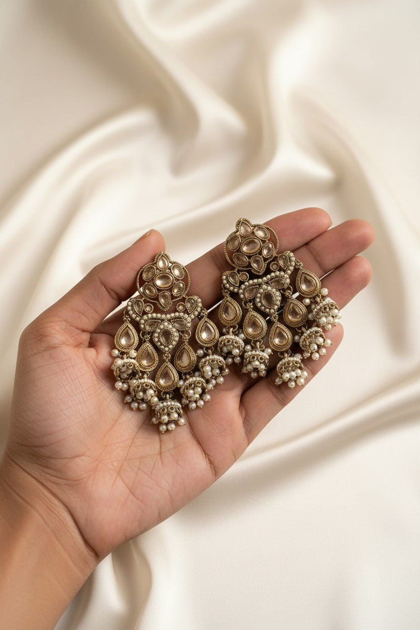 Kundan Chandelier Earrings with Pearl Jhumka Drops