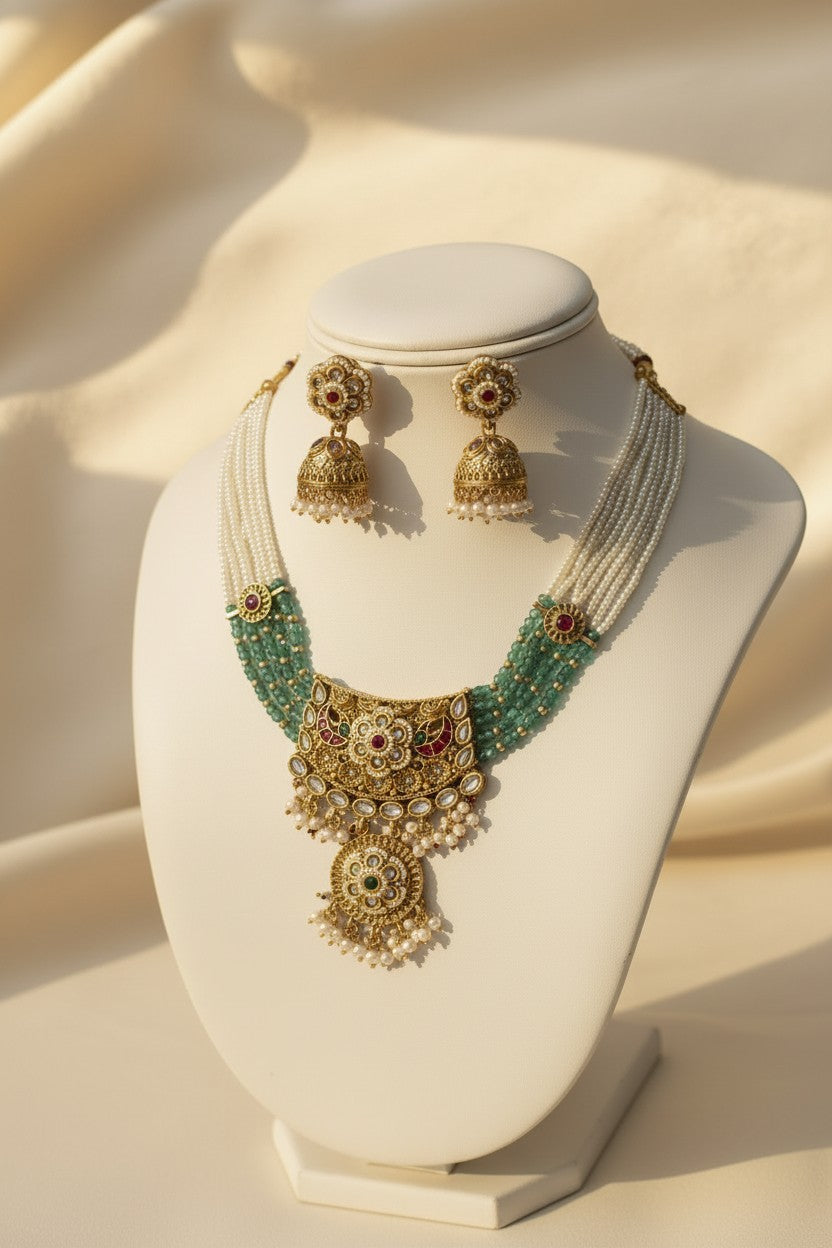 Pearl & Green Bead Multi-Strand Necklace Set