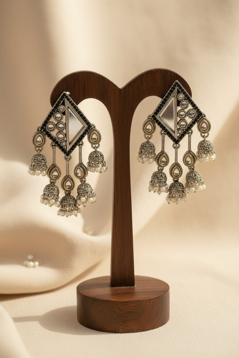 Oxidized Silver Mirror Chandelier Jhumka Earrings