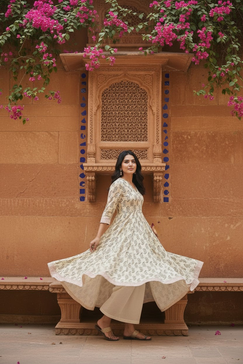 Ivory Sanganer Block Print Anarkali Maxi Dress