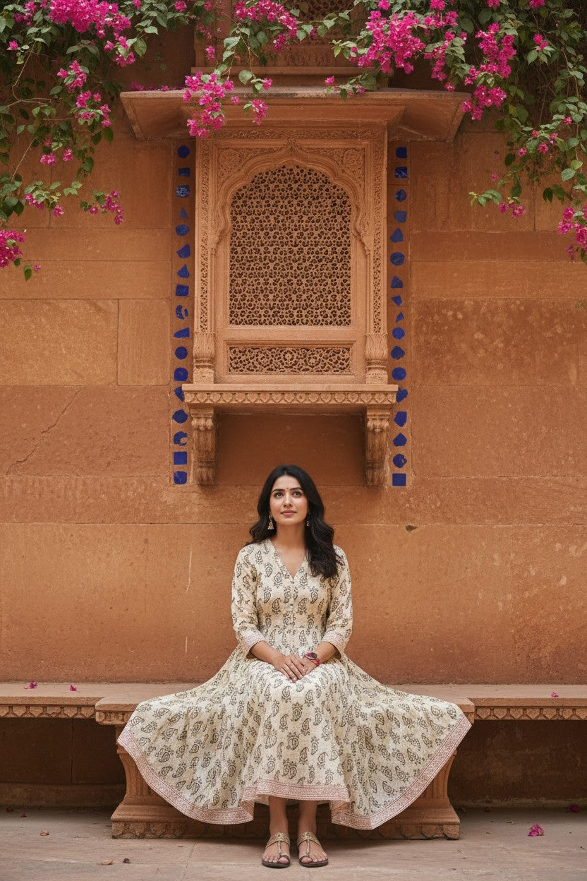 Ivory Sanganer Block Print Anarkali Maxi Dress
