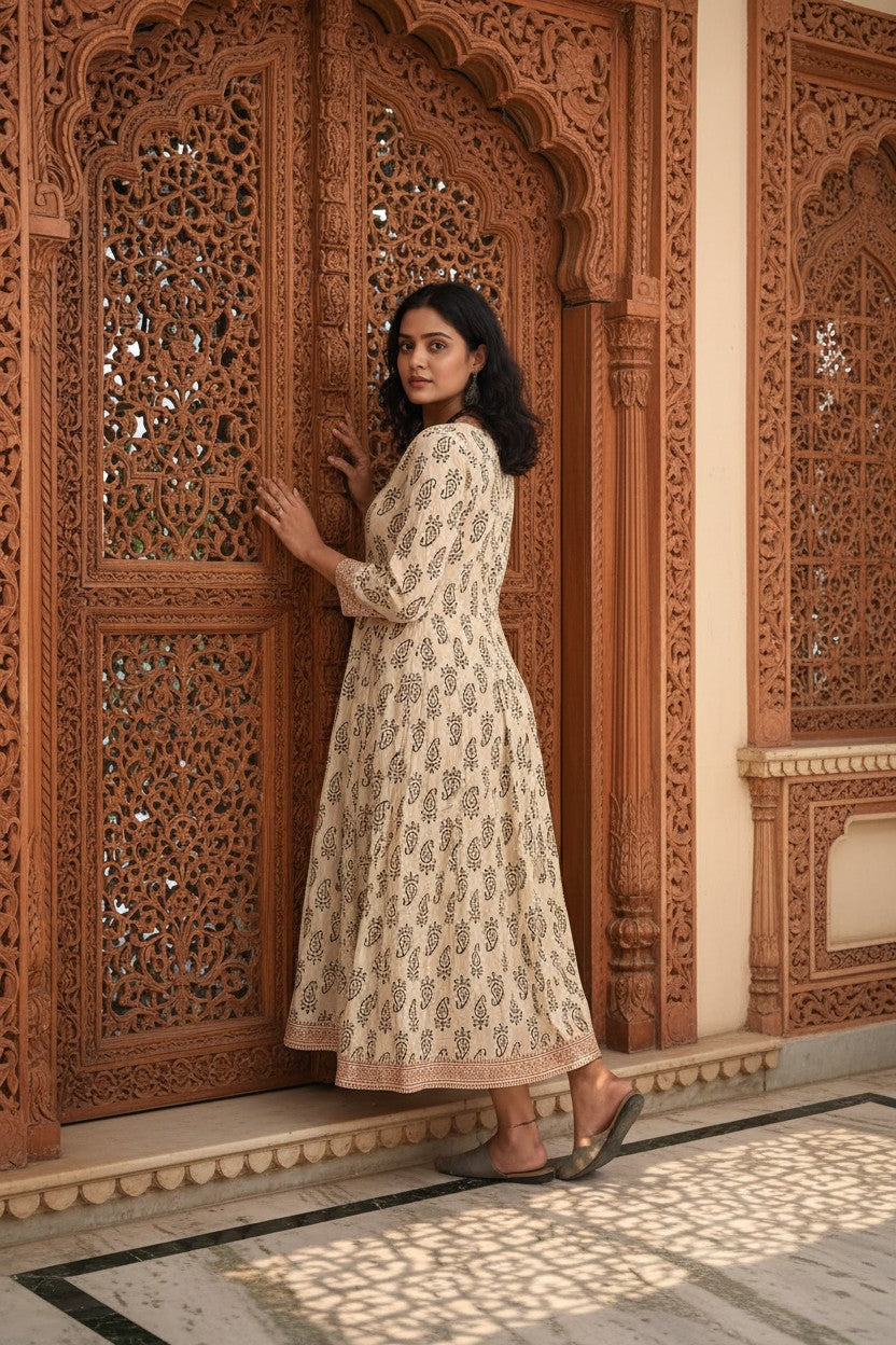 Ivory Sanganer Block Print Anarkali Maxi Dress