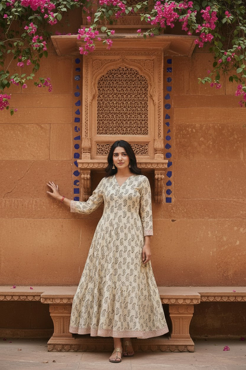 Ivory Sanganer Block Print Anarkali Maxi Dress