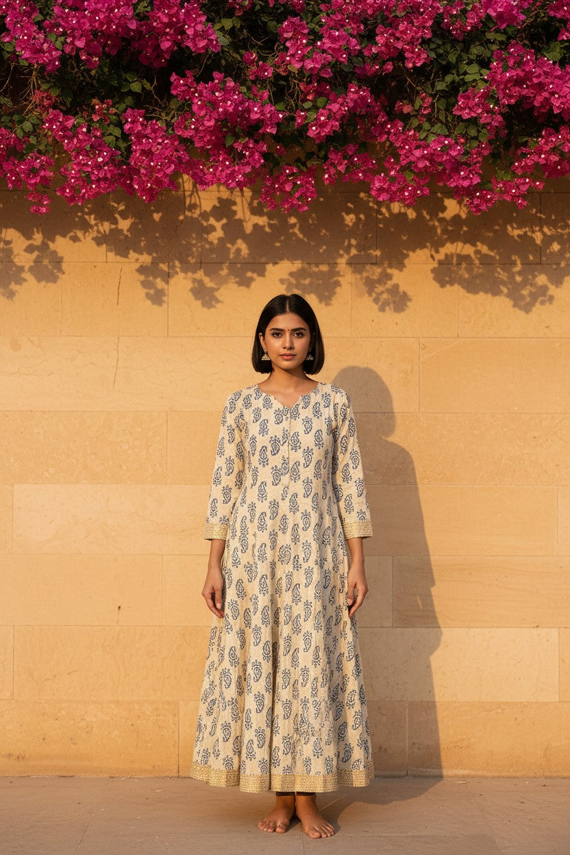 Ivory Sanganer Paisley Anarkali Maxi Dress
