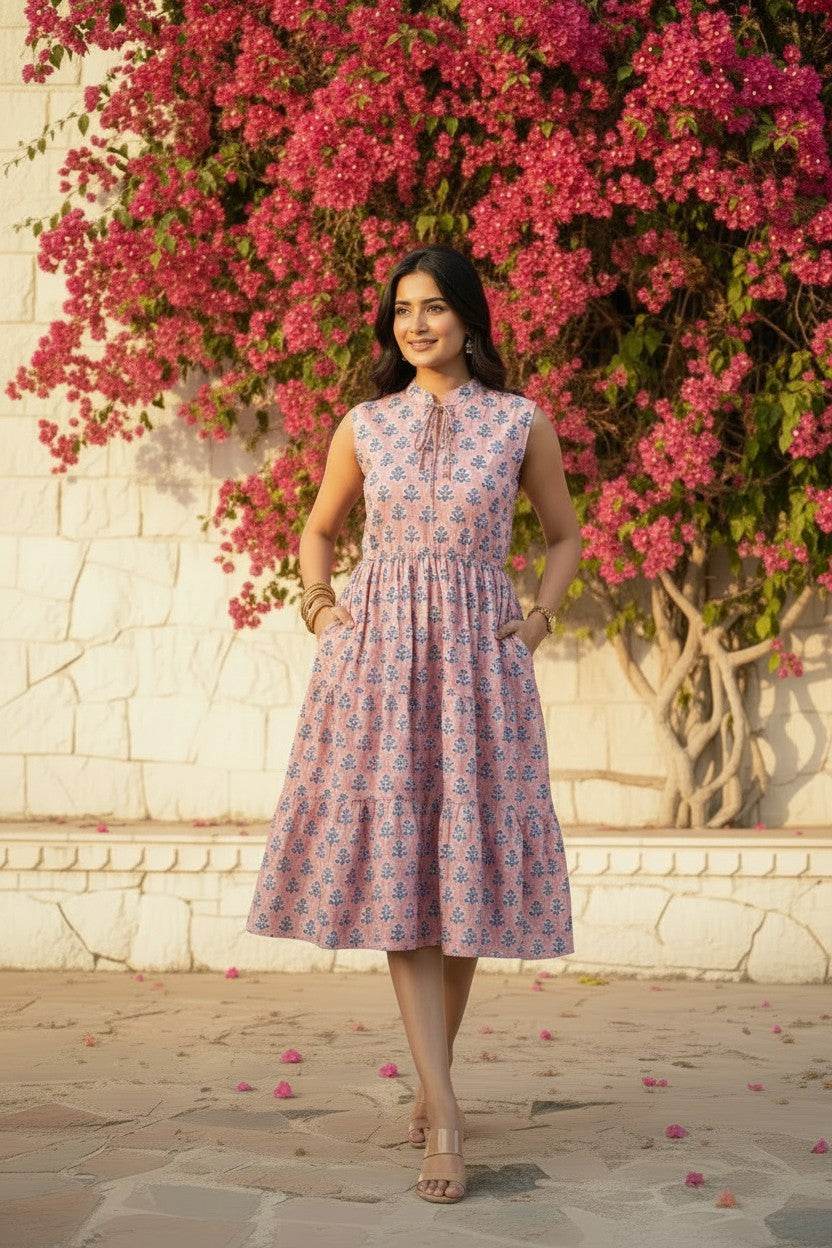 Pink Sanganeri Block Print Tiered Midi Dress