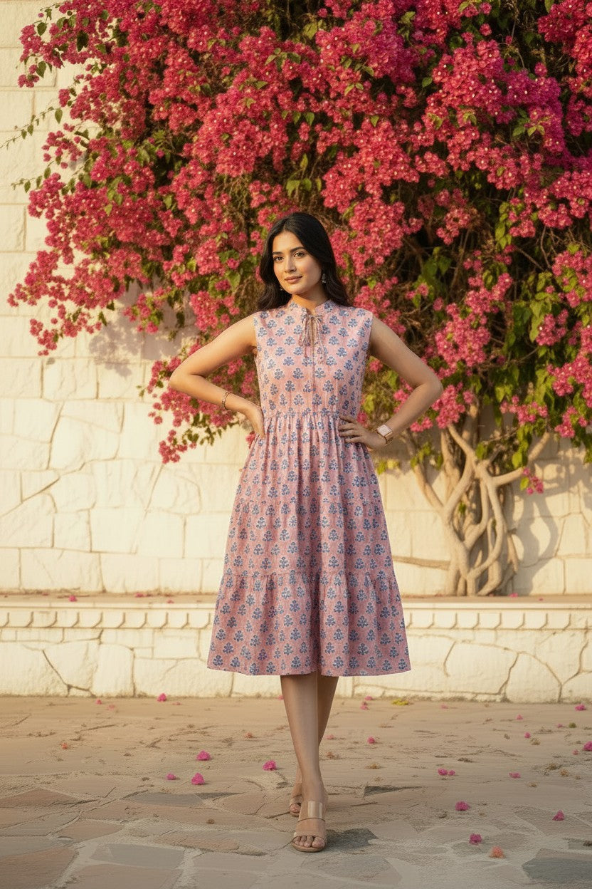 Pink Sanganeri Block Print Tiered Midi Dress