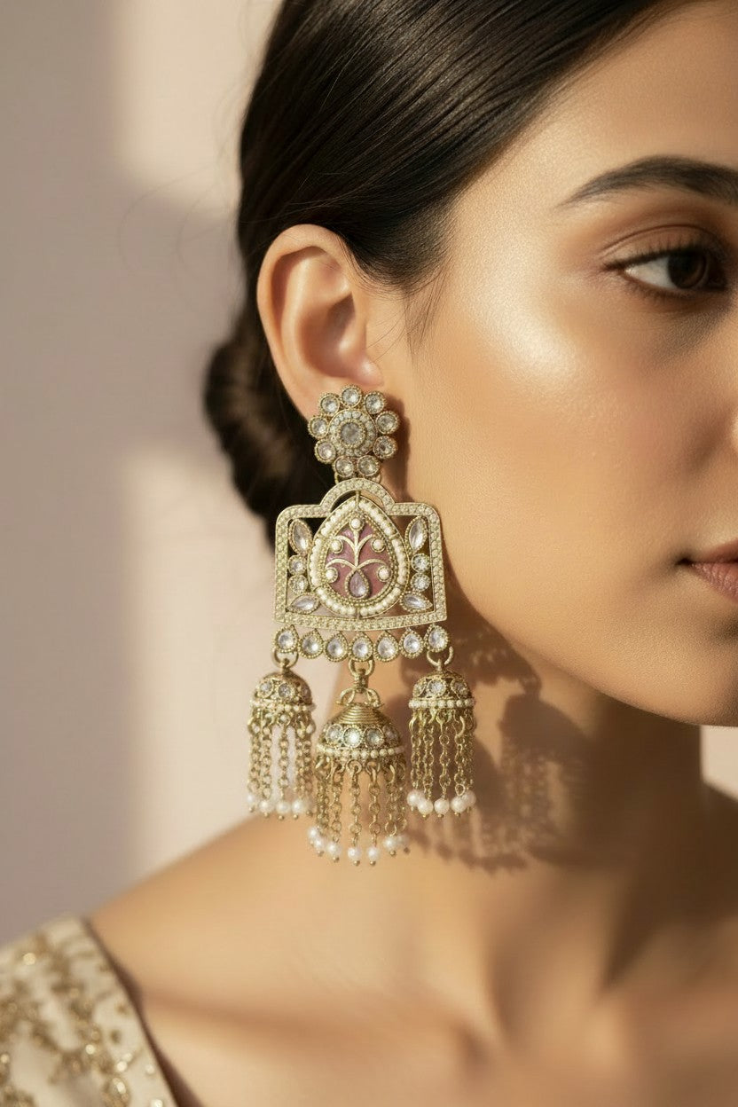 Pink Lotus Gold Chandelier Earrings