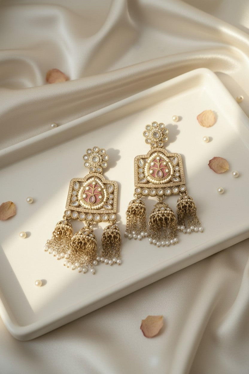 Pink Lotus Gold Chandelier Earrings