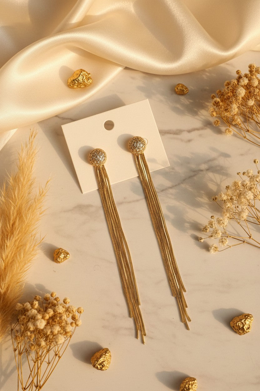 Luxe Gold Tassel Ball Stud Earrings