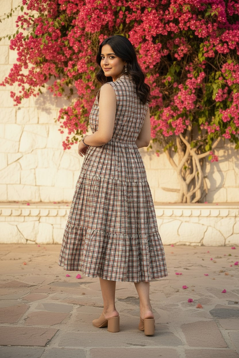 Checks & Charm Block Print Cotton Midi Dress