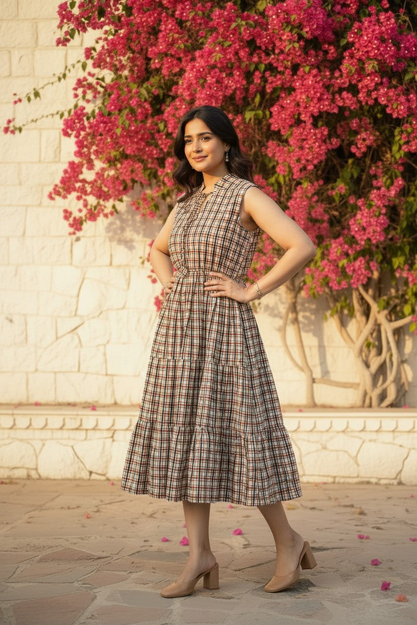 Checks & Charm Block Print Cotton Midi Dress
