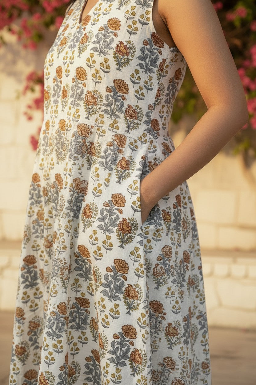 Ivory Marigold Block Print Maxi Dress