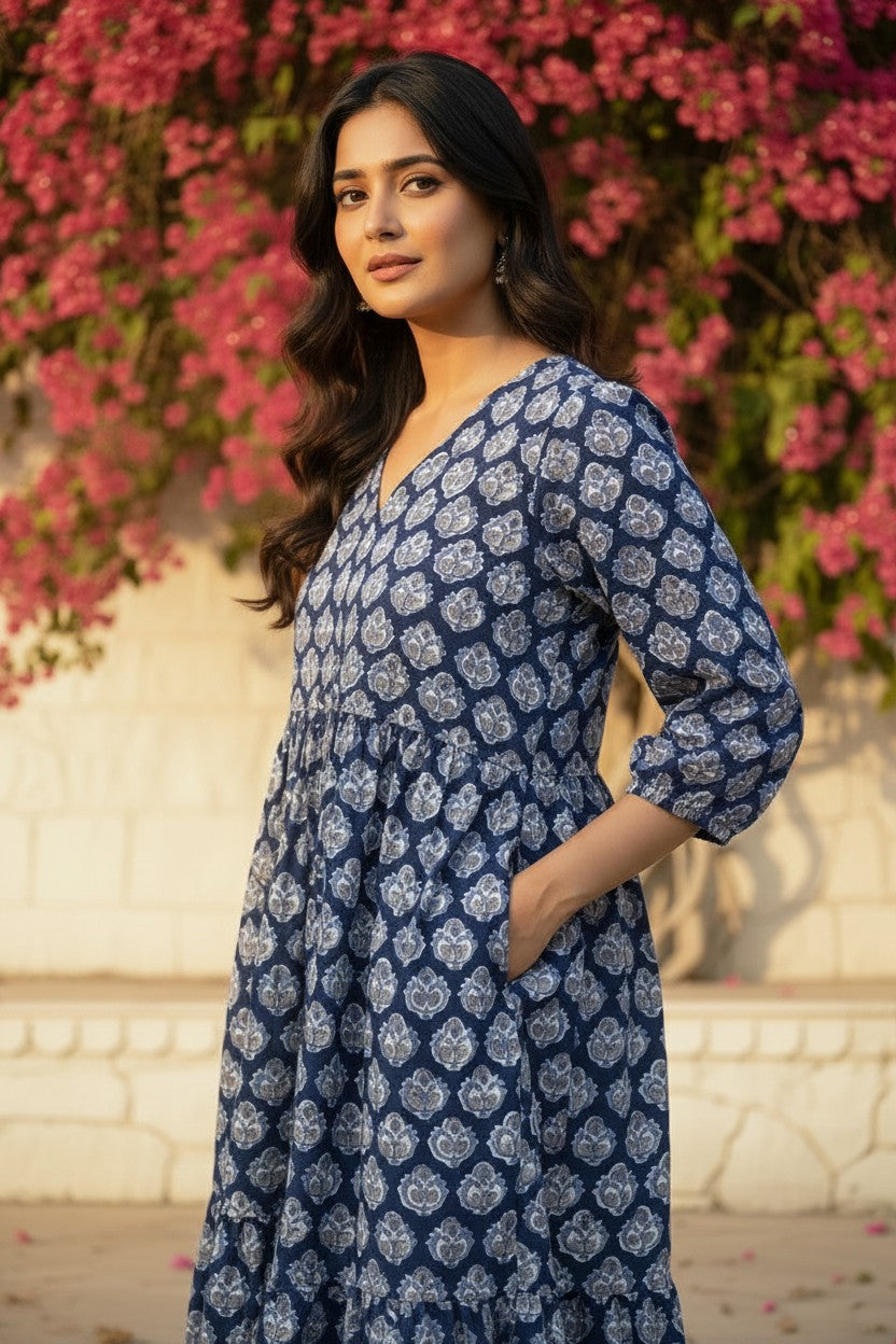 Indigo Bloom Hand Block-Print Tiered Maxi Dress