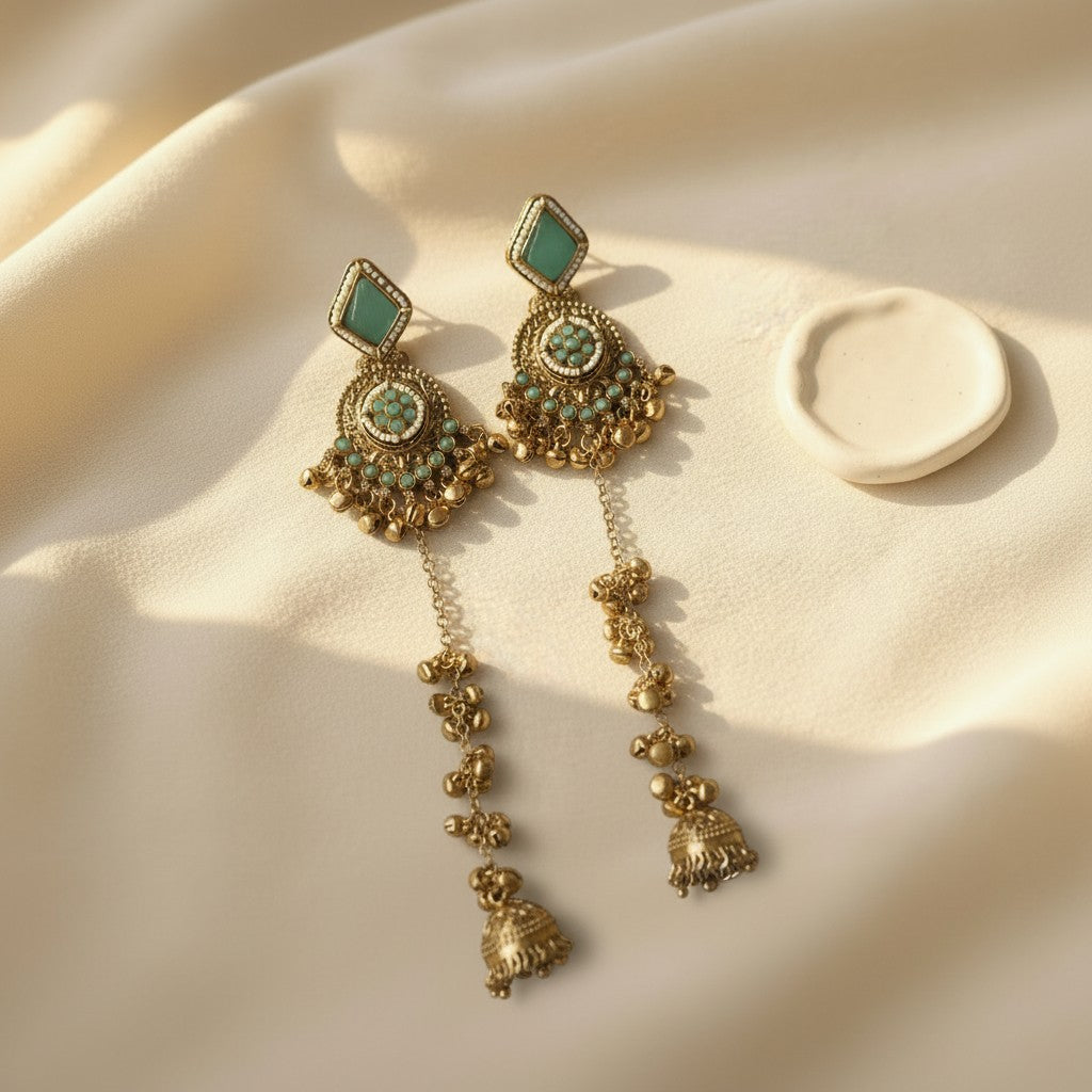 Mint Green Kundan Chandbali Long Drop Earrings