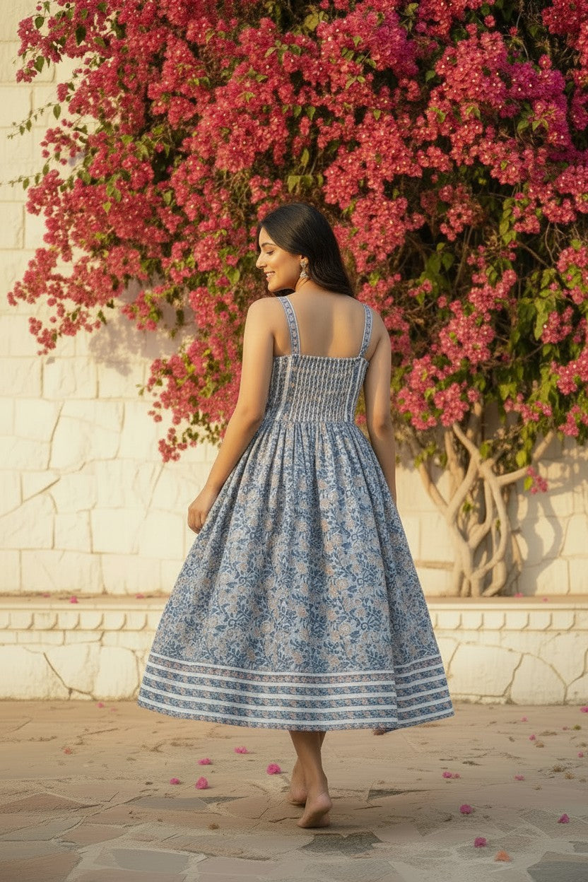 Blue Floral Block-Print Smocked Midi Sundress