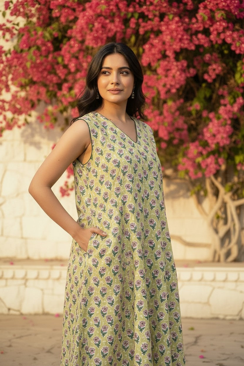 Sage Garden Block-Print Midi Dress