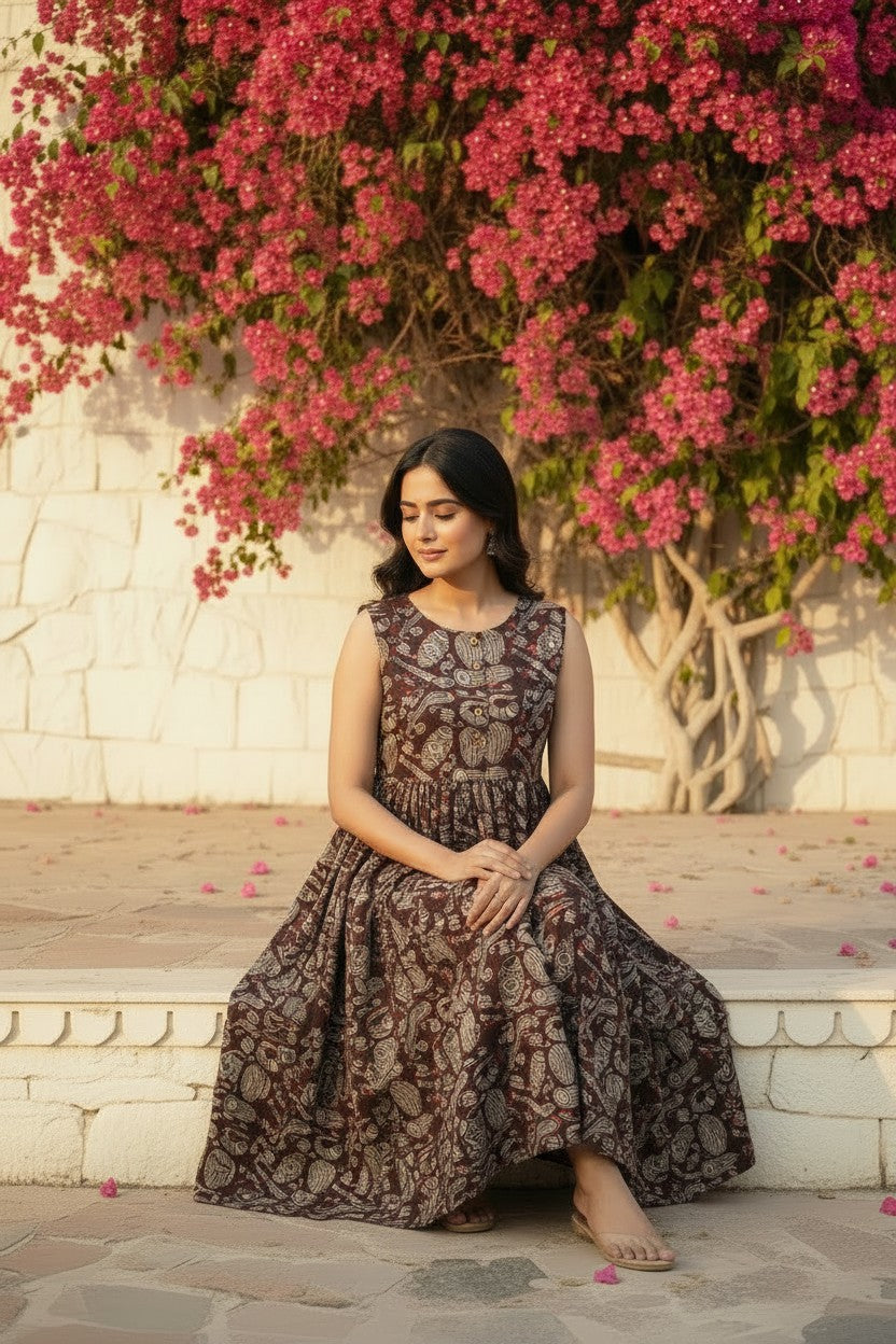 Bagru Brown Kalamkari Maxi Dress