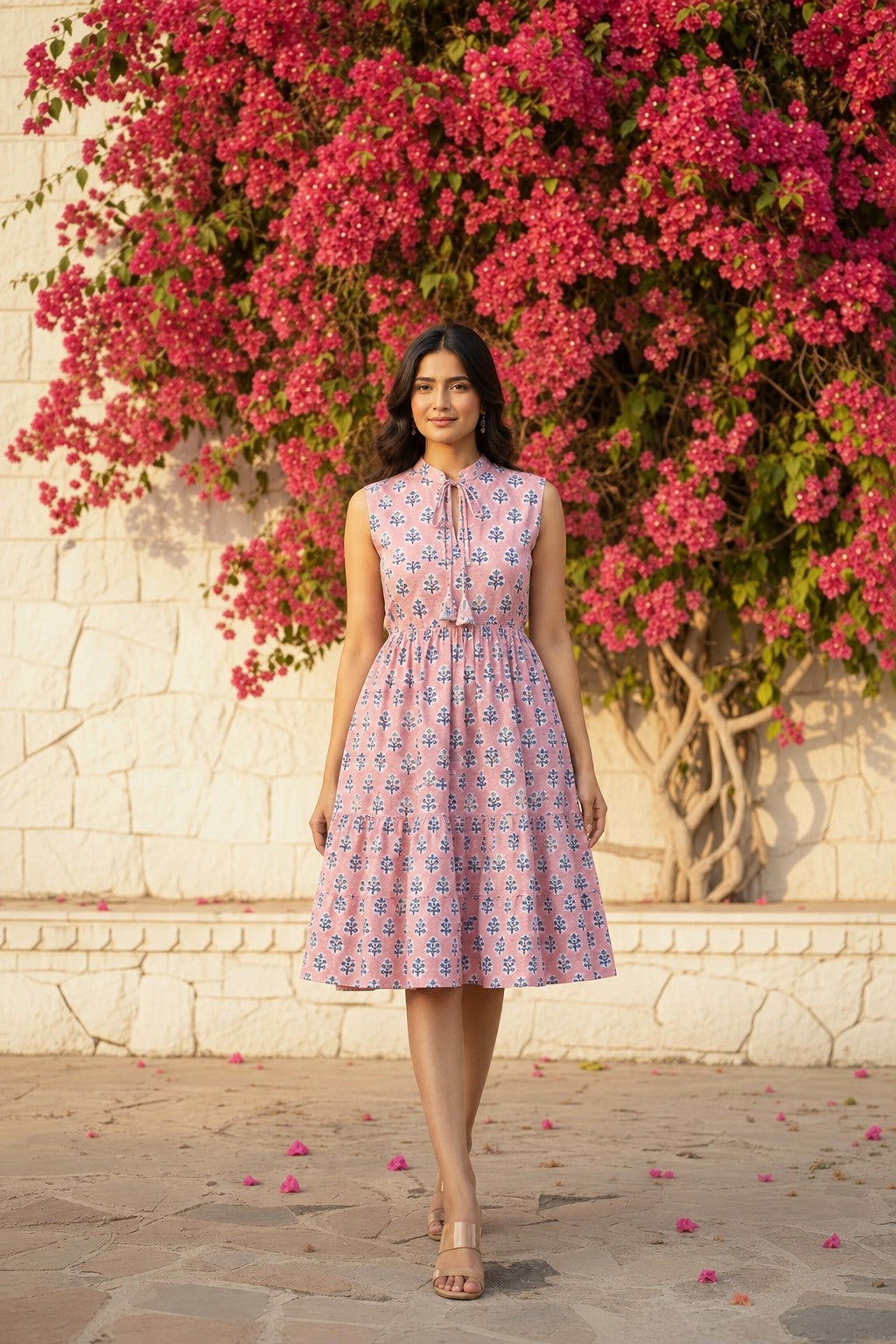 Pink Sanganeri Block Print Tiered Midi Dress