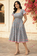Gulbahar Teal Floral Midi Dress