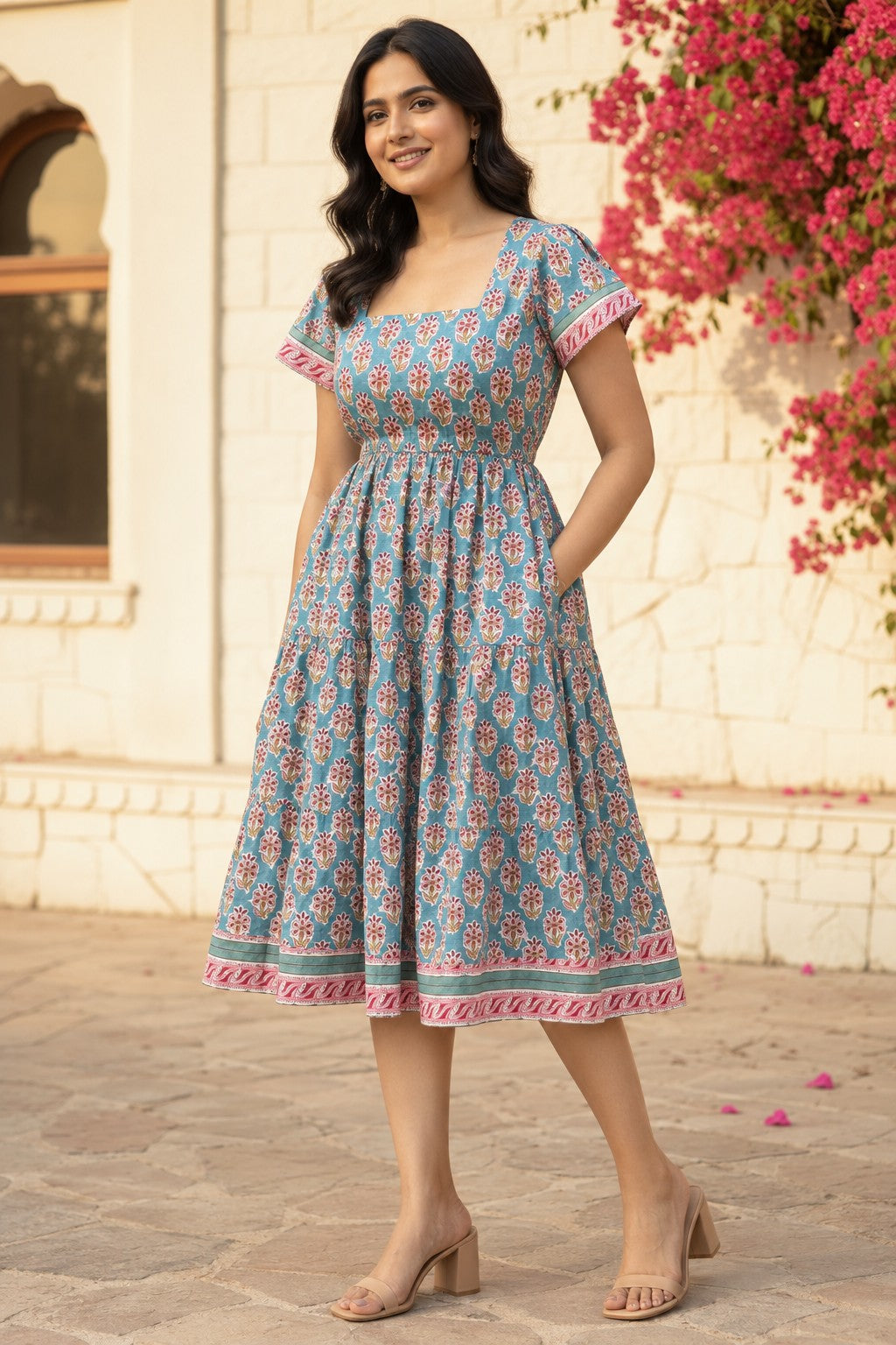 Gulbahar Teal Floral Midi Dress