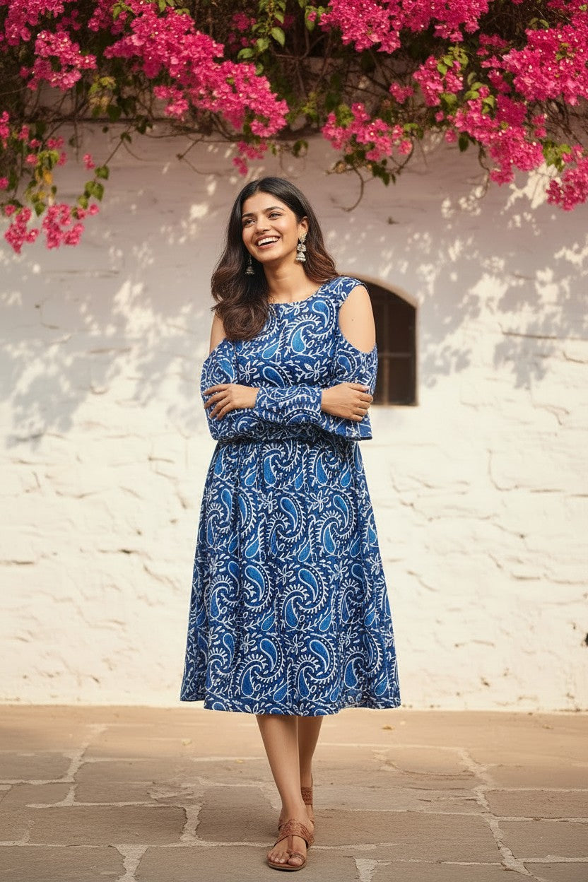 Indigo Paisley Cold-Shoulder Midi Dress