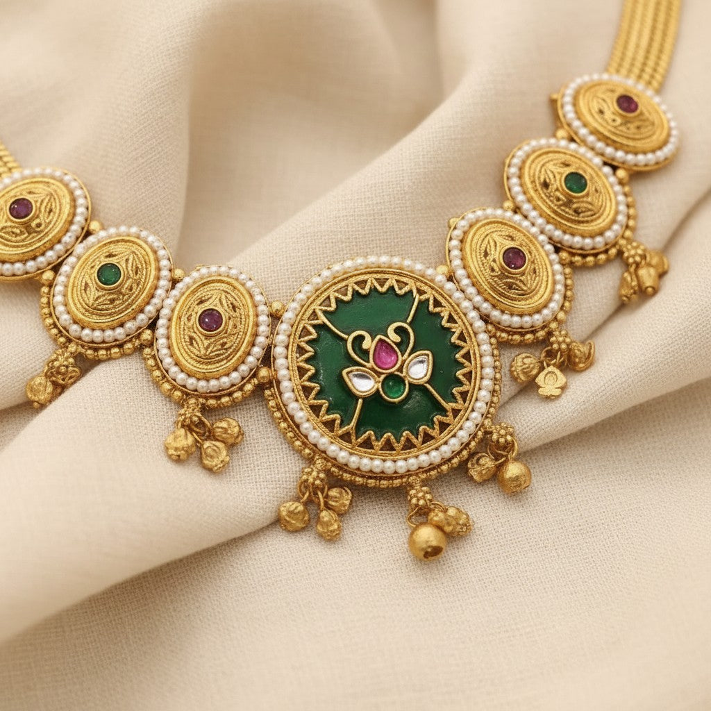 Rajwadi Green Necklace Set with Jhumka Earrings