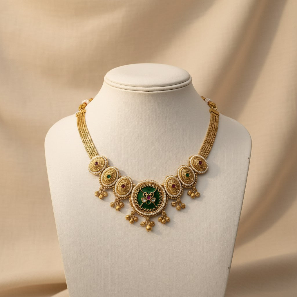 Rajwadi Green Necklace Set with Jhumka Earrings