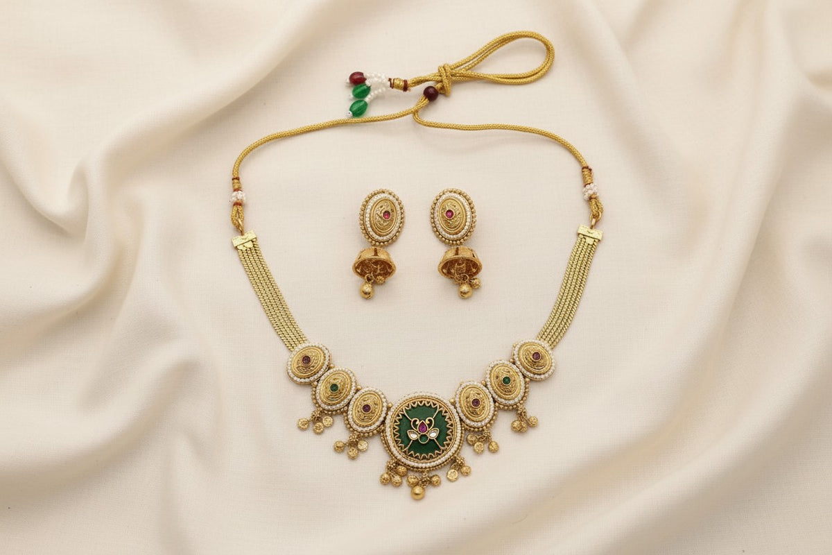 Rajwadi Green Necklace Set with Jhumka Earrings