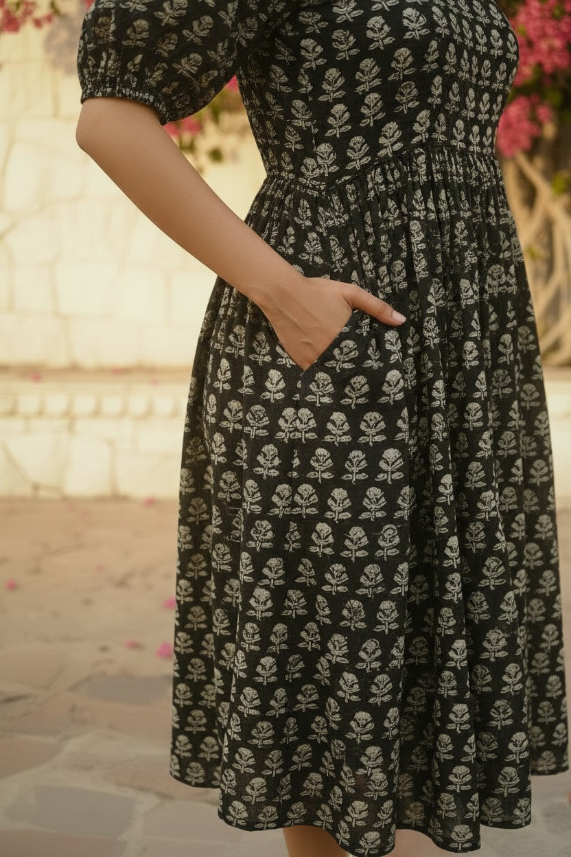 Midnight Bloom Block-Print Cotton Mini Dress